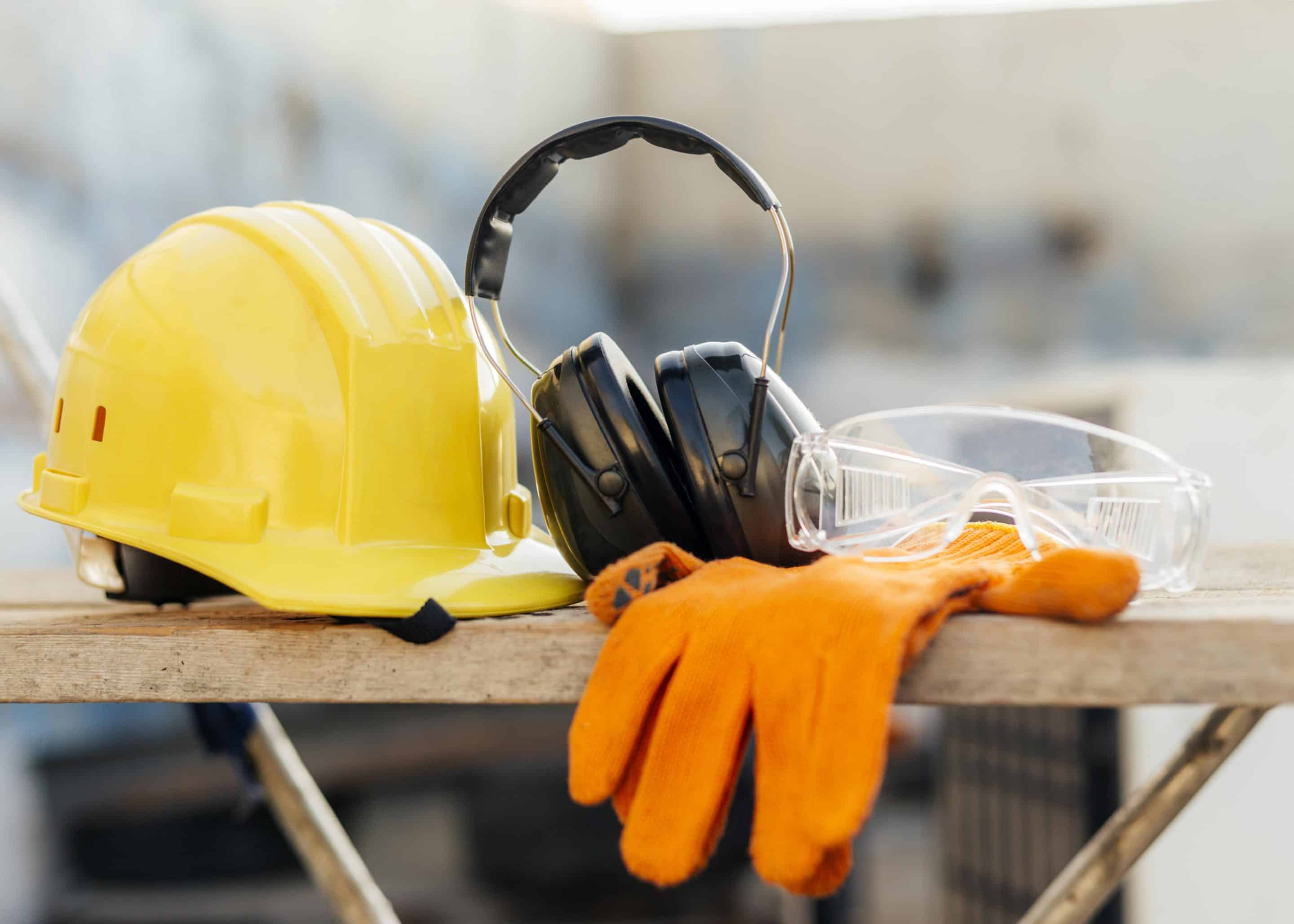 Encima de una mesa se ven un casco de seguridad, gafas de seguridad, guantes de protección y audífonos de protección. Todo elementos que ilustran la seguridad e higiene industrial en la prevención de riesgos laborales.