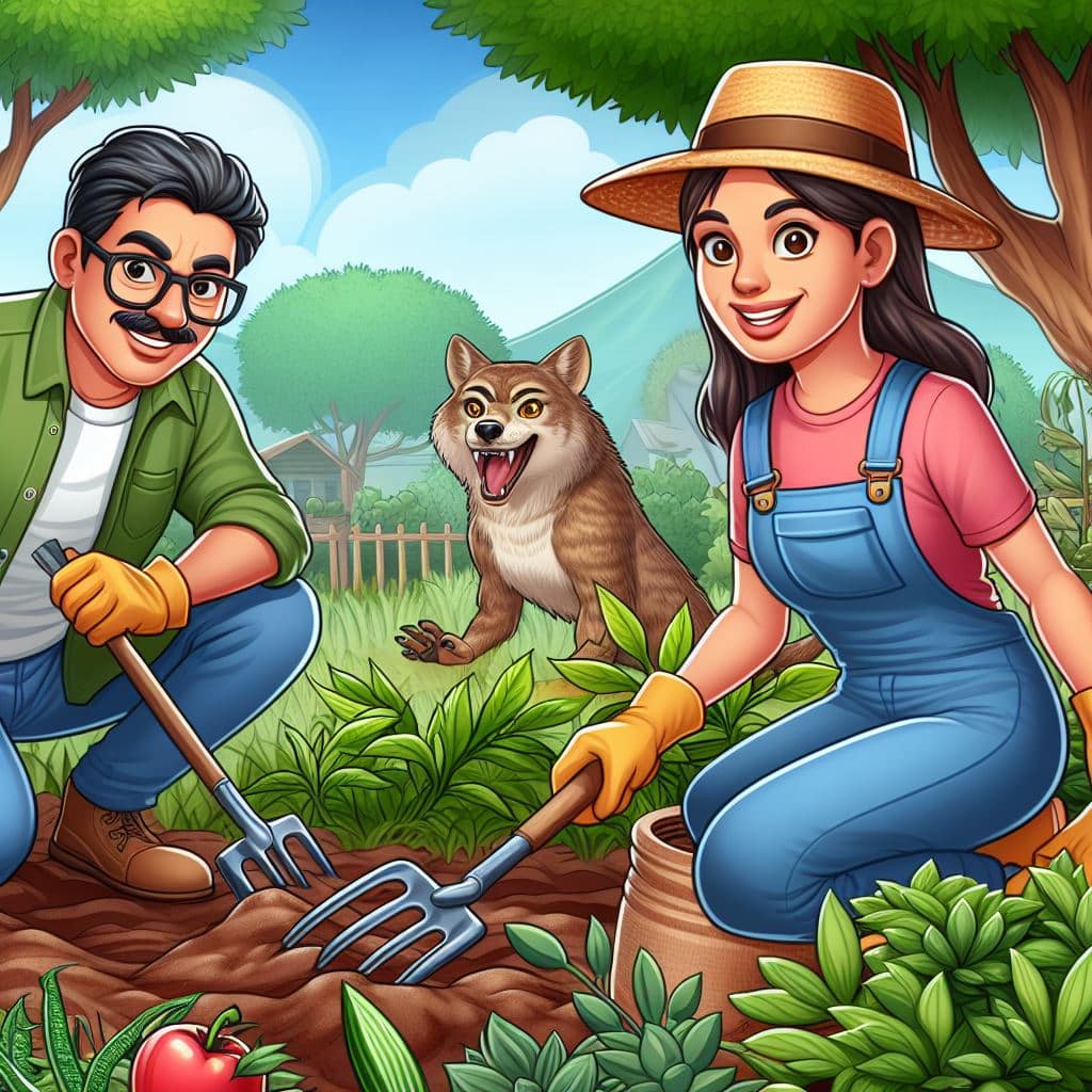 Un jardinero y una jardinera enfrentando los riesgos en el jardín