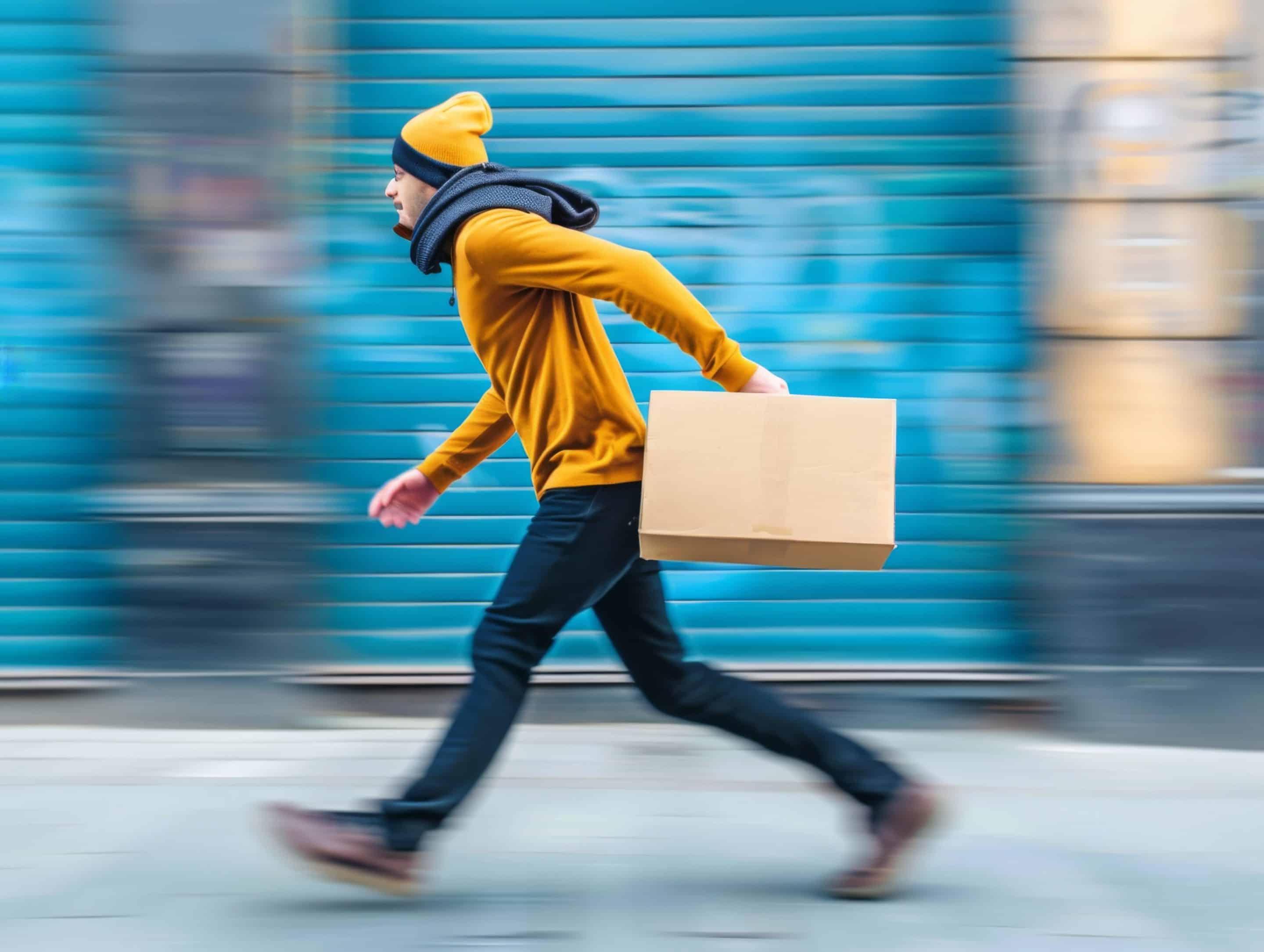 Un persona lleva una caja mientras camina a toda velocidad por la calle de la ciudad. Muestra los riesgos de los trabajadores y trabajadoras del e-commerce