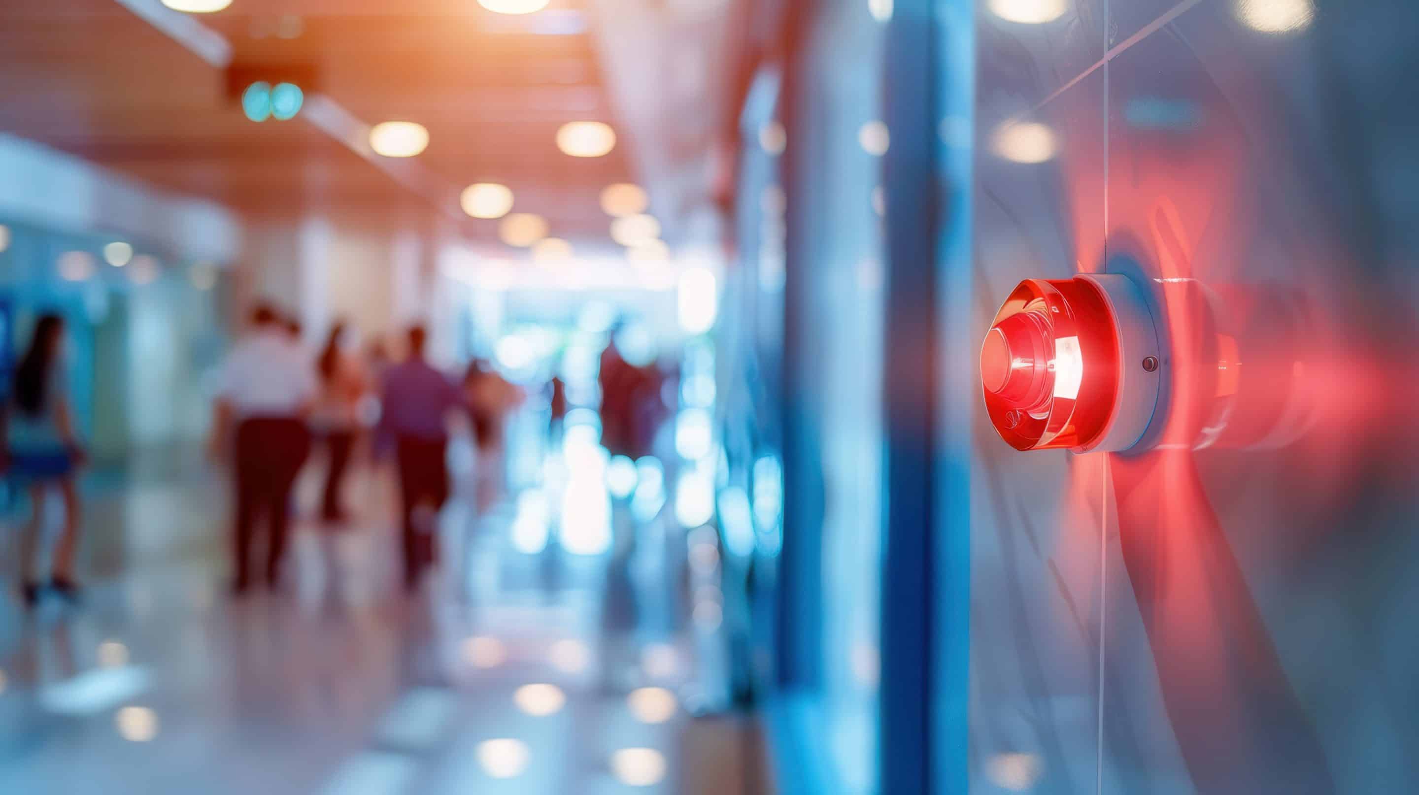 A bright red fire alarm with a flashing light and button is mounted on a wall in a bustling indoor corridor filled with people. Generative AI Una alarma contra incendios encendida mientras al fondo vemos personas evacuando el edificio conforme al plan de emergencias de la empresa