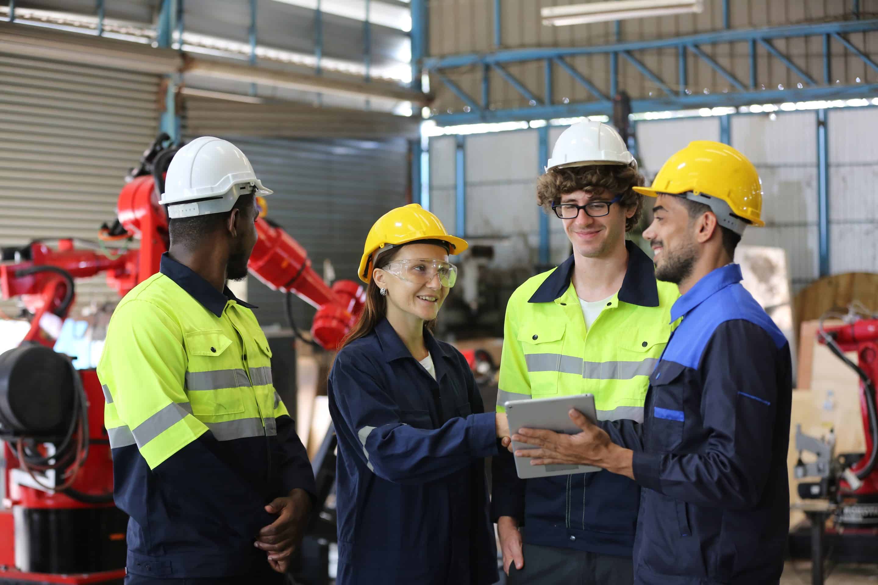 Un grupo de personas trabajando en equipo en un entorno industrial.