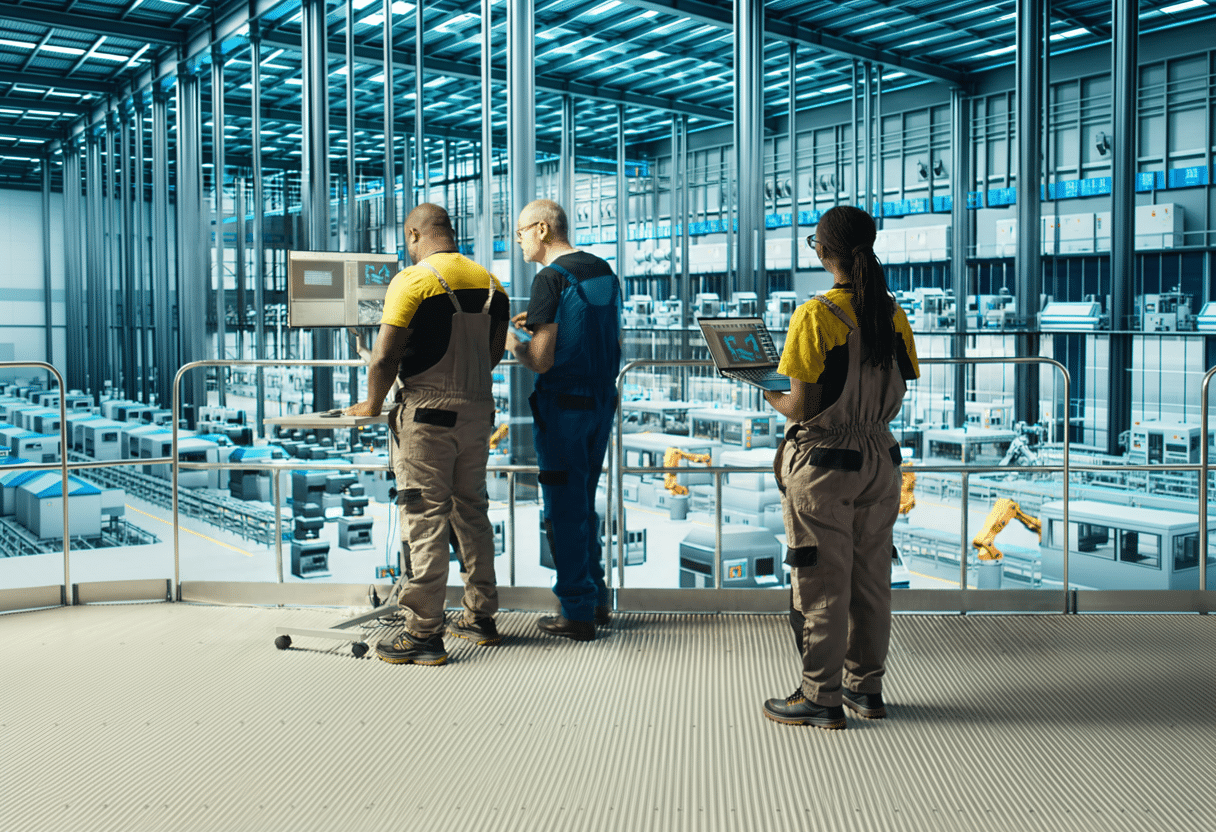 Tres personas trabajando en un entorno industrial. La imagen muestra cómo controlan, gracias a la tecnología, máquinas automatizadas.