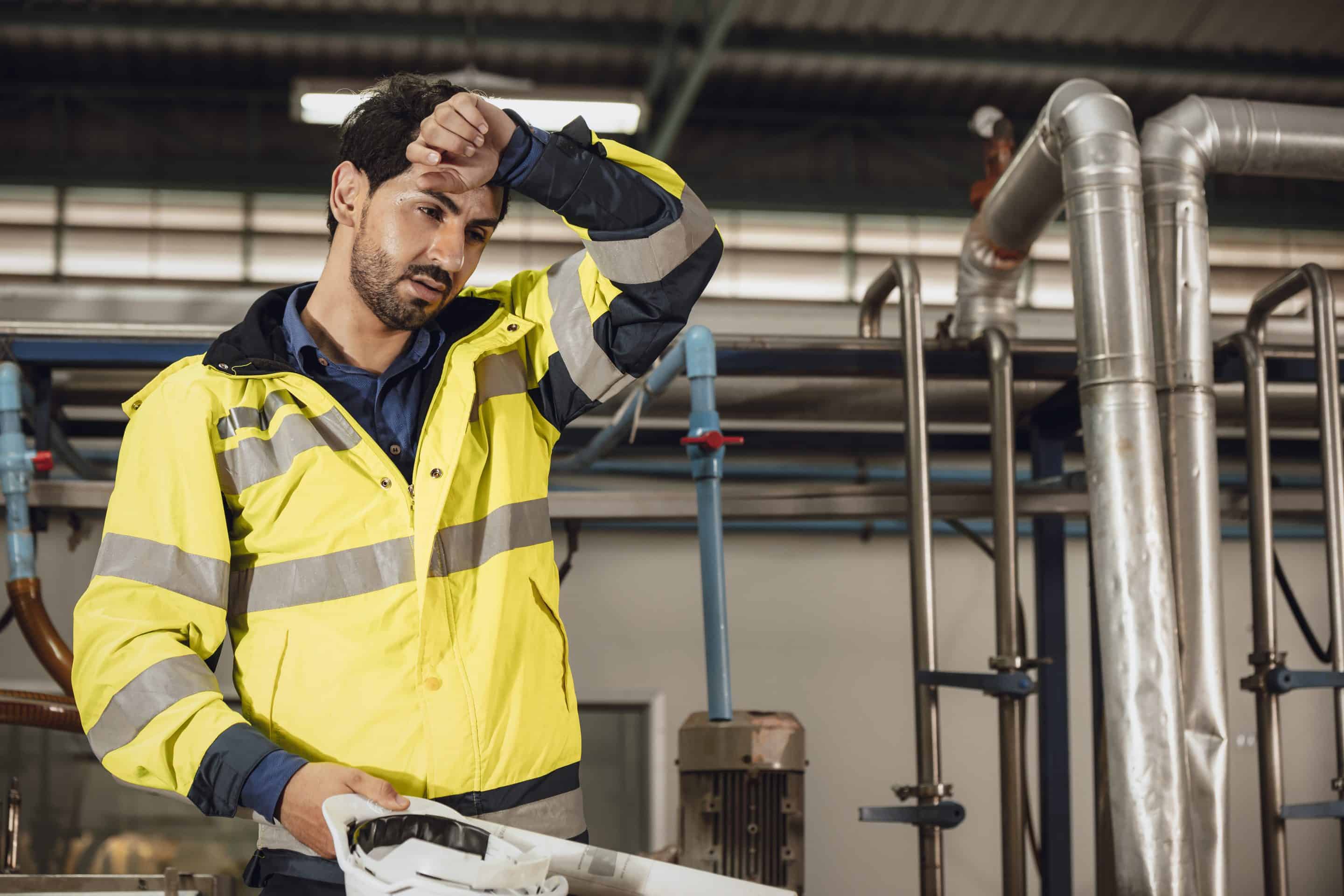 tired engineer worker hard work fatigue male staff in factory hot weather Inspección de trabajo riesgos climáticos