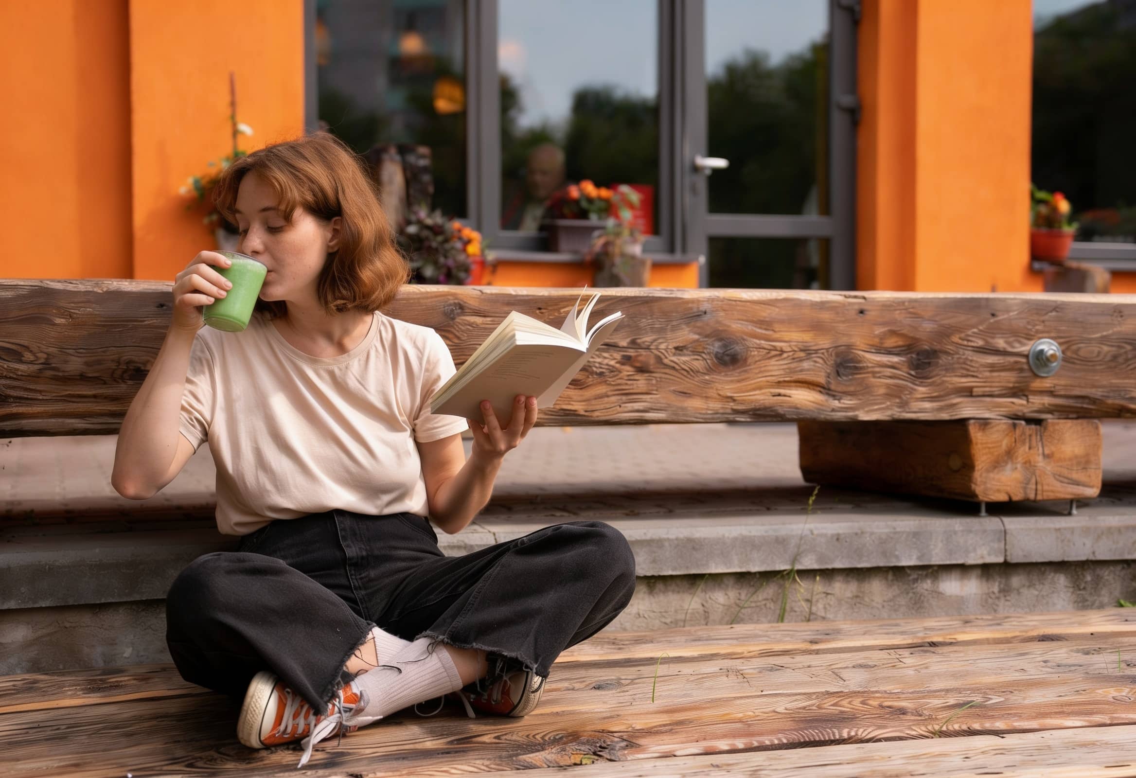 Una mujer sentada en el exterior disfrutando de un libro y de un té matcha, desconectando en sus vacaciones