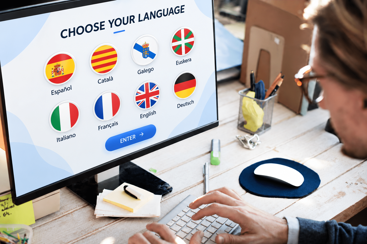 Una persona está haciendo un curso en su ordenador y mira la pantalla para elegir previamente su idioma