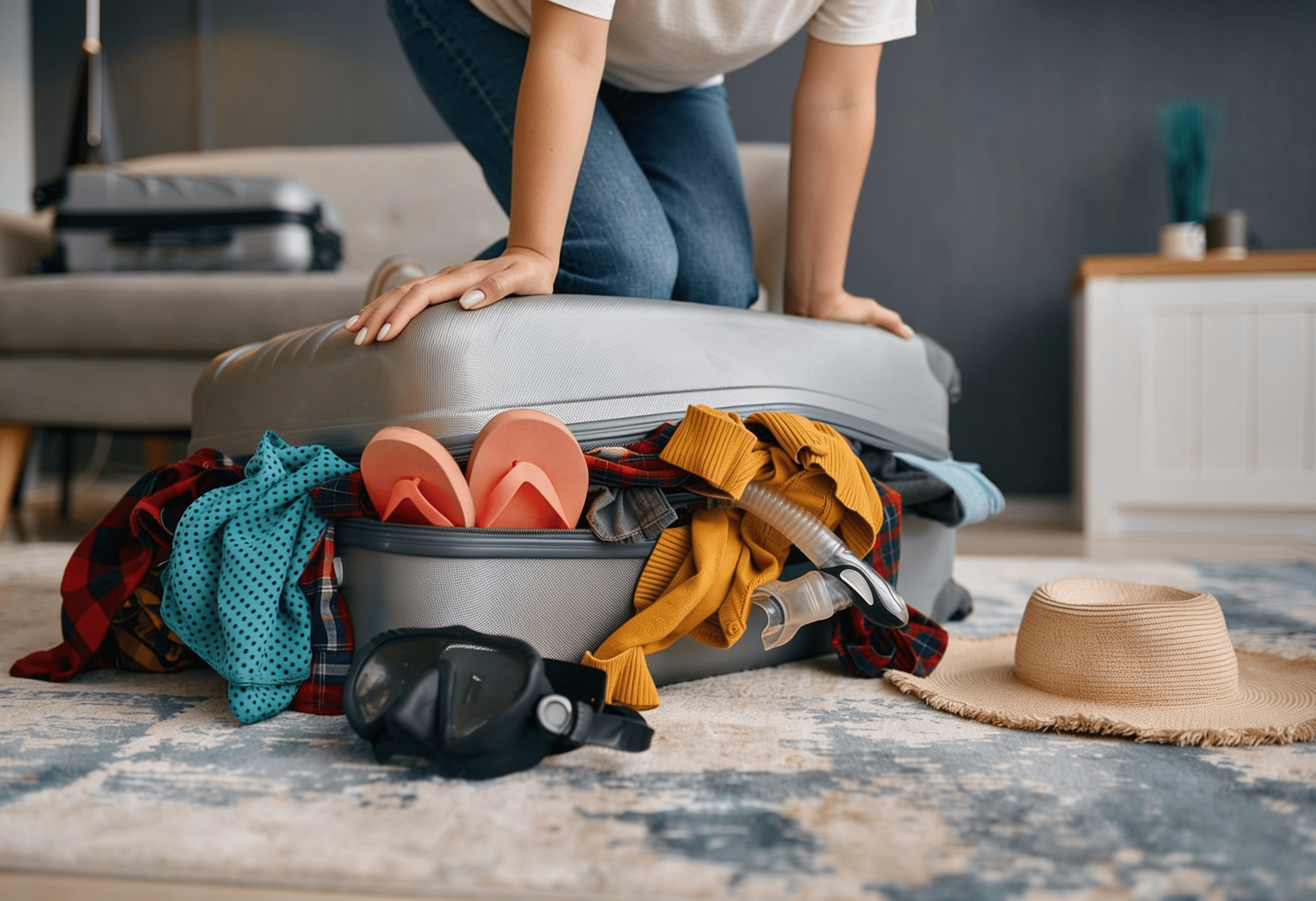 magnific__quiero-cambiar-la-chaqueta-de-lana-que-lleva-puest__37337 Una mujer sentada sobre la maleta, intentando cerrarla porque no cabe todo lo que ha metido. Nos llevamos demasiadas cosas de vacaciones, en el equipaje físico y en el mental