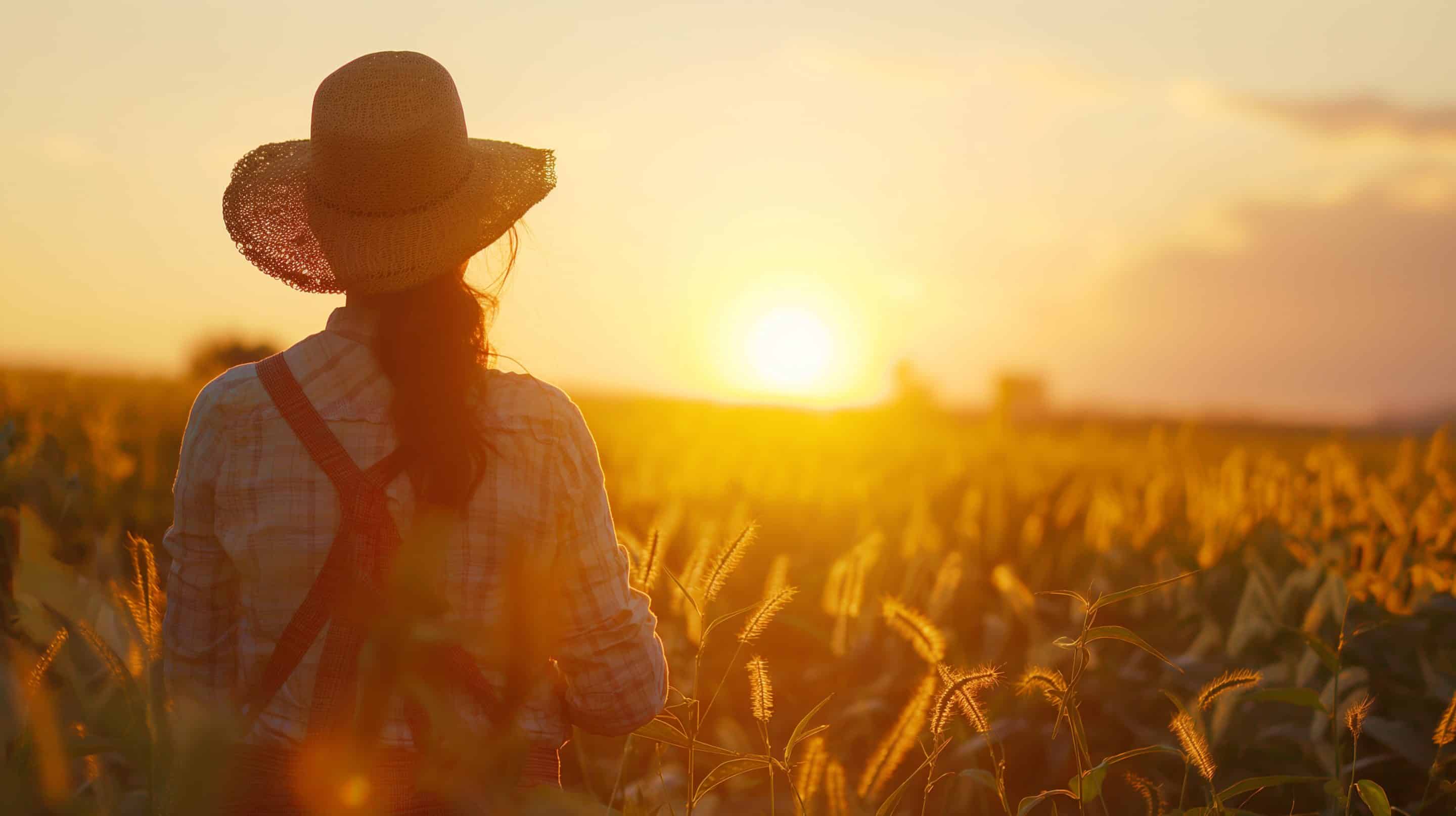 woman-cowboy-hat-sits-field-wheat-sunset Mujer trabajando en el campo, expuesta a la radiación UV solar
