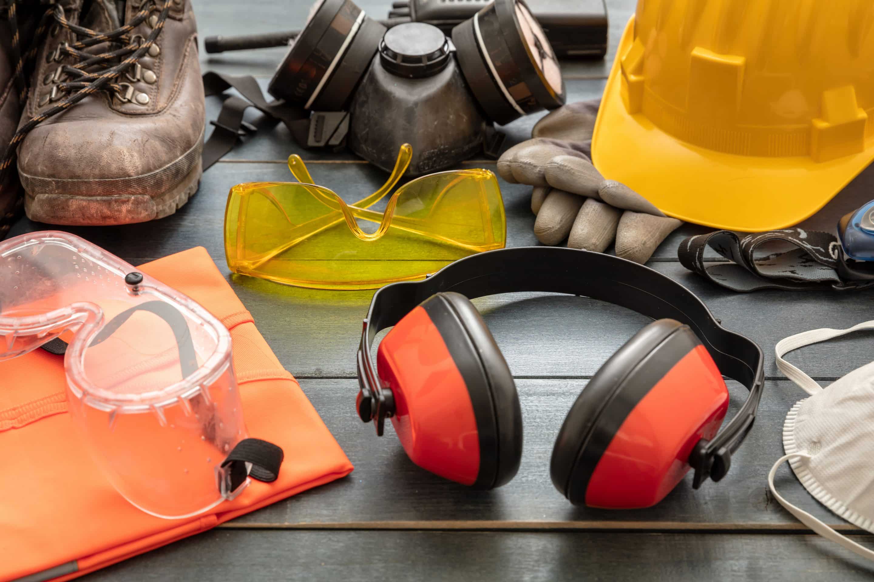 Work safety protection equipment background. Industrial protective gear on wooden table La imagen muestra un casco, unas botas, unas gafas protectoras, unos guantes de trabajo y diferentes equipos de protección individual (EPI)
