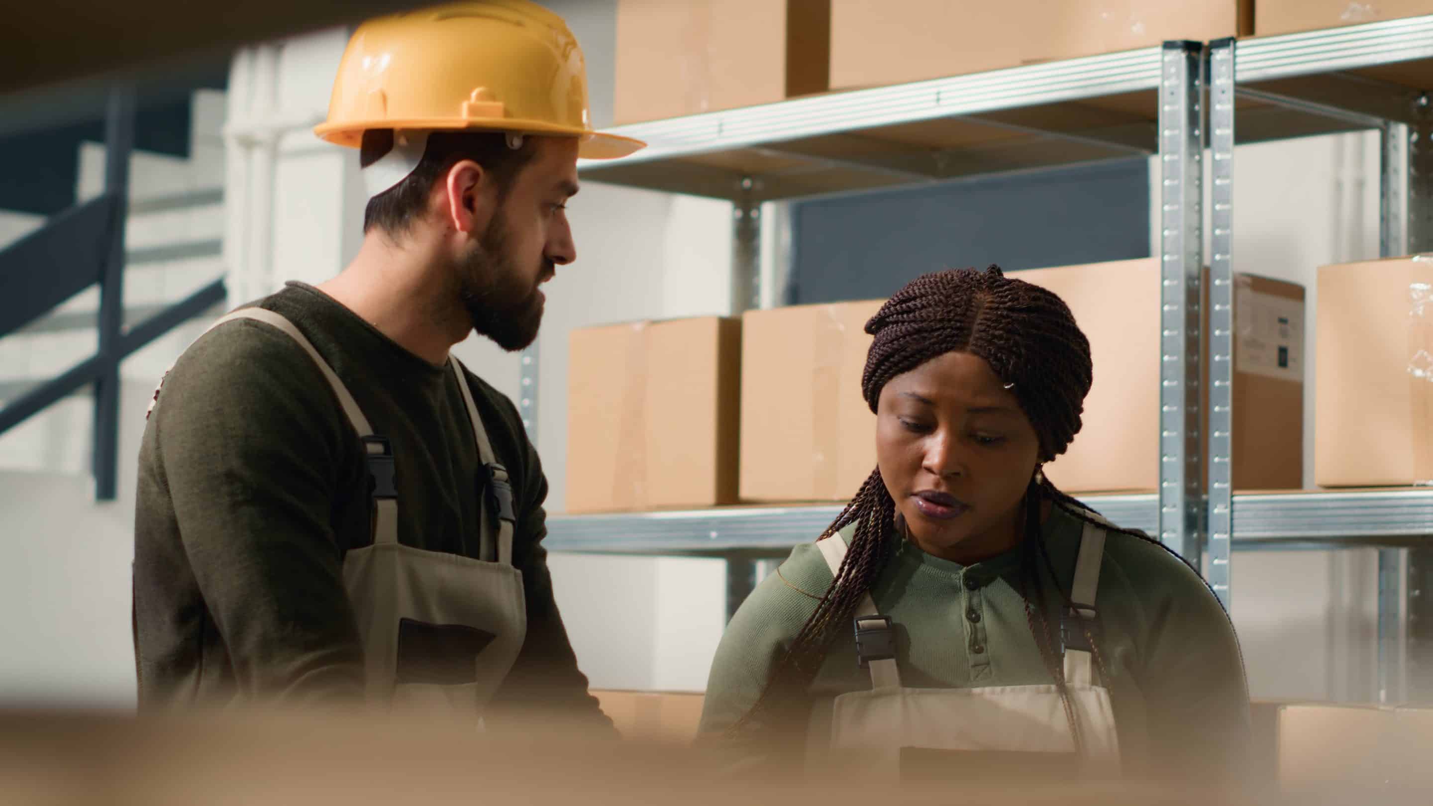 Un trabajador de almacén y una responsable de operaciones conversan junto a unas estanterías con cajas sobre el absentismo laboral Un trabajador de almacén y una responsable de operaciones conversan junto a unas estanterías con cajas sobre el absentismo laboral