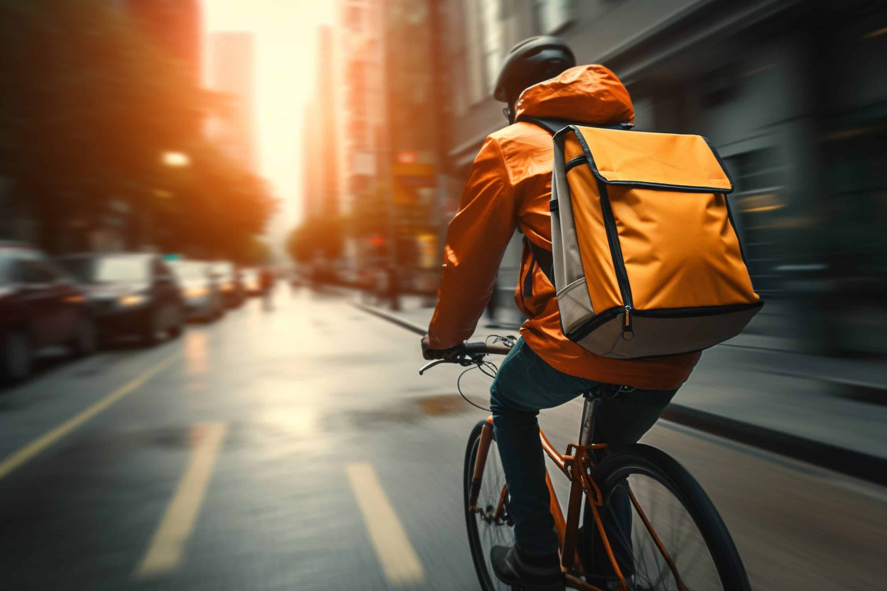 Un repartidor viaja en bicicleta por la ciudad al final del día. Lleva ropa reflectante y casco, como estable las nuevas normas de tráfico para repartidores