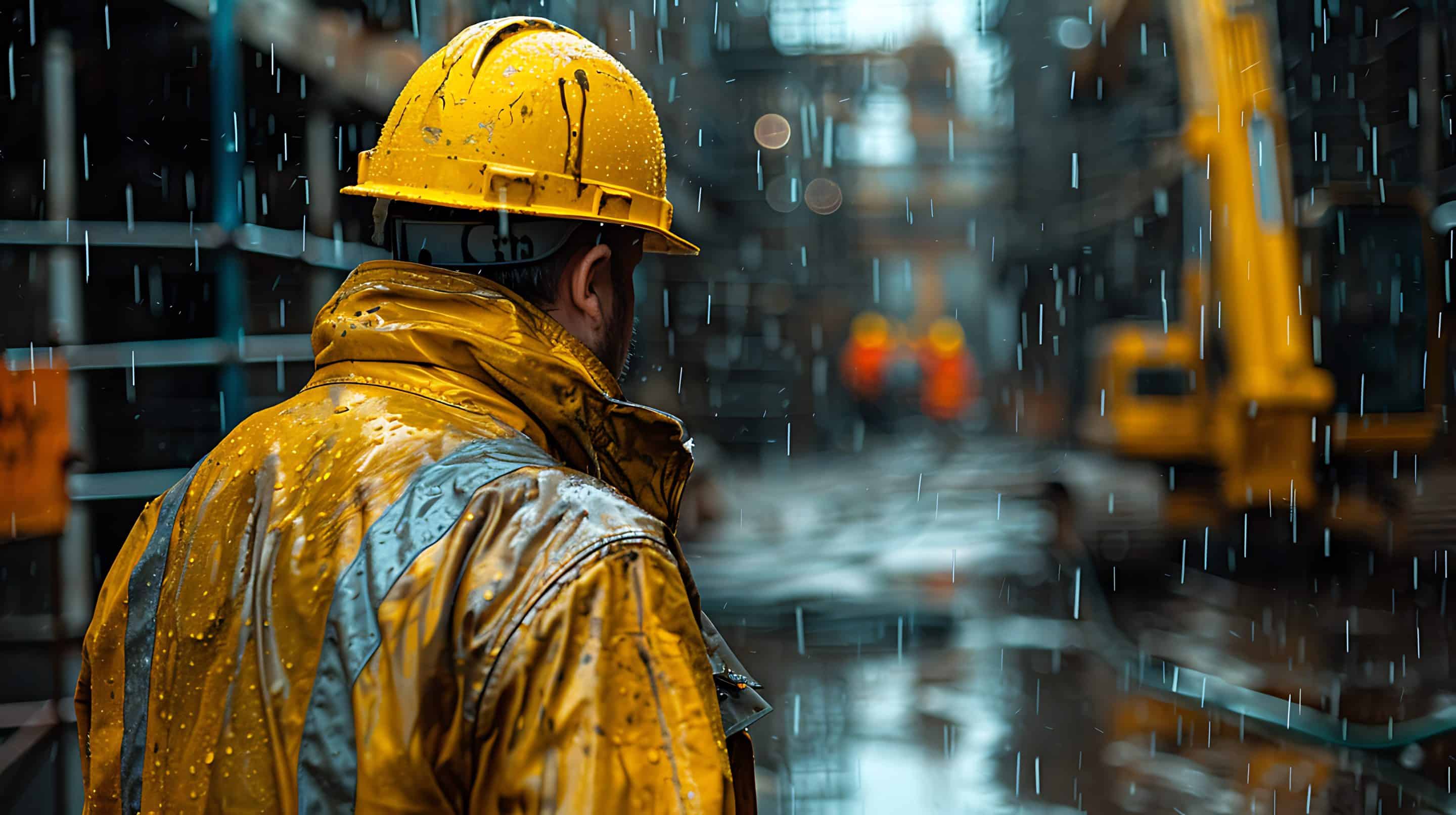 Trabajador en medio de un episodio de lluvia intensa y viento fuerte en un polígono industrial. Trabajador en medio de un episodio de lluvia intensa y viento fuerte en una polígono industrial.